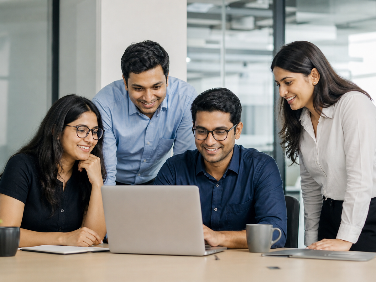 Team using Saptta HRMS and Finance platform on a laptop in an office setting