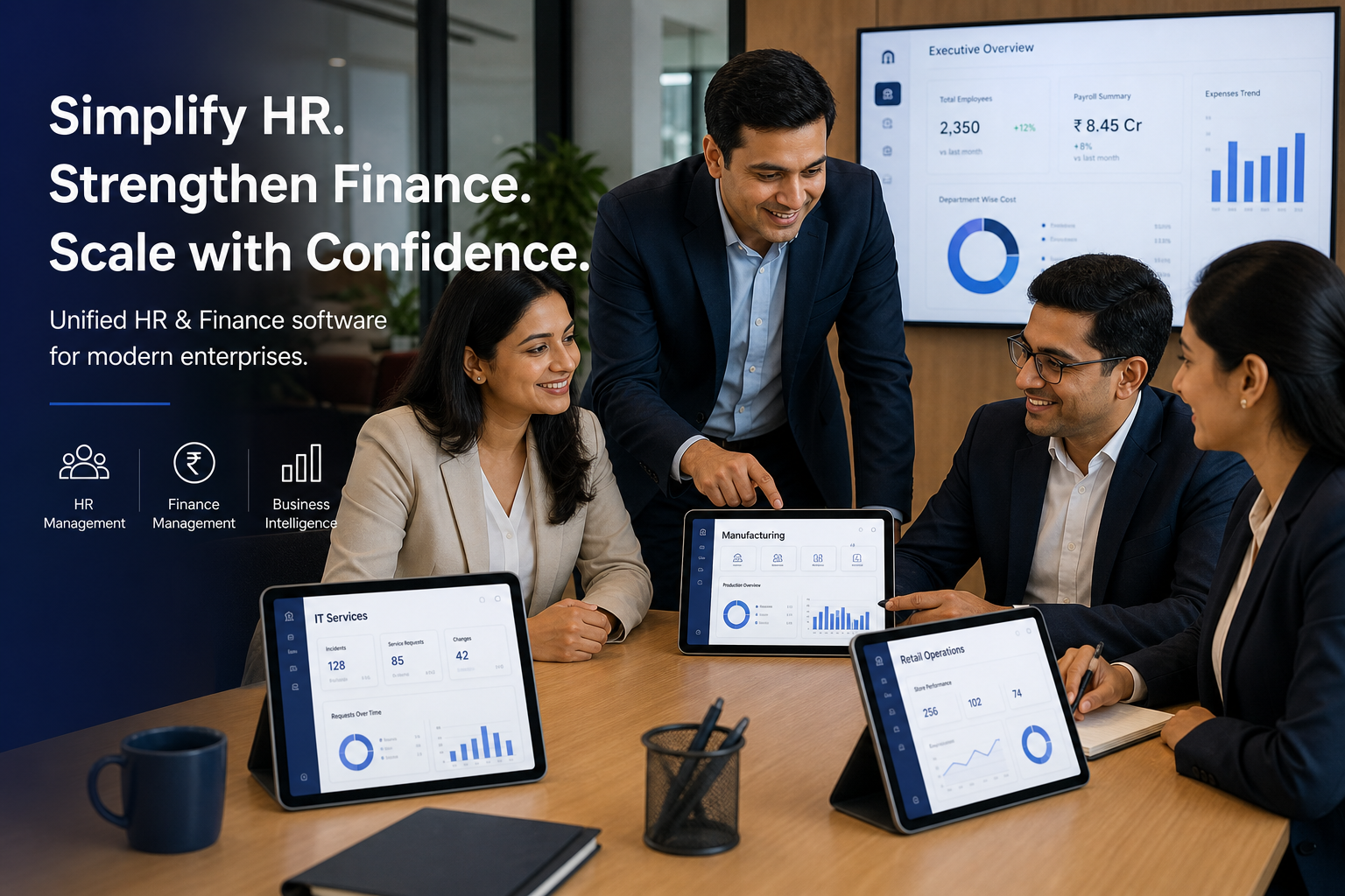 Business leaders planning HR and finance solutions